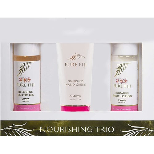 Pure Fiji Nourishing Trio, Ideal Spa Bath Gift Set for Women - Travel Kit - Includes Exotic Body Oil , Hydrating Body Lotion For Women and Nourishing Hand Cream, Guava Scent