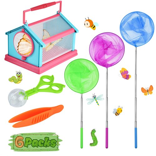 KESOCORAY Kids Telescopic Butterfly Nets Bugs Insect Catcher Kit Perfect Outdoor Tools for Catching,Anti Slip Grip Bug Nets Removable Cage Tweezers and Pliers Set