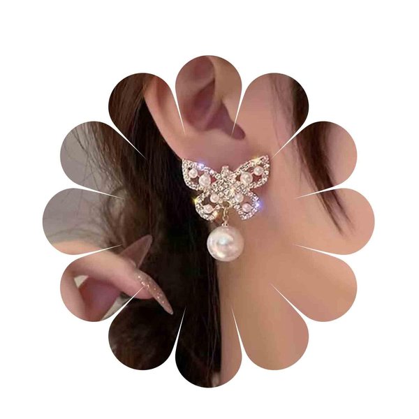 Sttiafay Vintage Crystal Pearl Butterfly Earrings Butterfly Pearl Drop Earrings Gold Rhinestone Butterfly Stud Earrings Cz Cluster Pearl Earrings Jewelry for Women