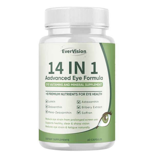 Evervision 14 in 1 Advanced Eye Formula - Eye Vitamin and Mineral Supplement with Lutein, Zeaxanthin, Astaxanthin, Bilberry Extract & Zinc, Eye Health Pills for Adults & Seniors - 60 Capsules