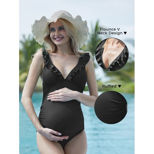 Summer Mae Maternity Swimsuit V-Neck One Piece Swimsuit Ruffled Lace Up Monokini Black M