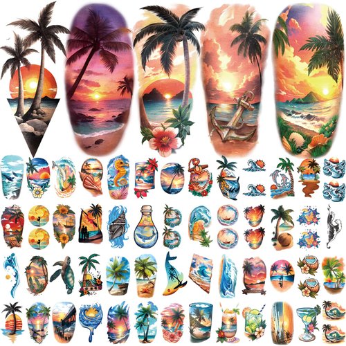 77 Sheets Temporary Tattoo, Sunset Sunglasses Beach Flower Palm Tree Hawaiian Themed Waterproof Fake Tattoos, Holiday Temporary Tattoos for Men Women Kids Party and Goody Bag Stuffers