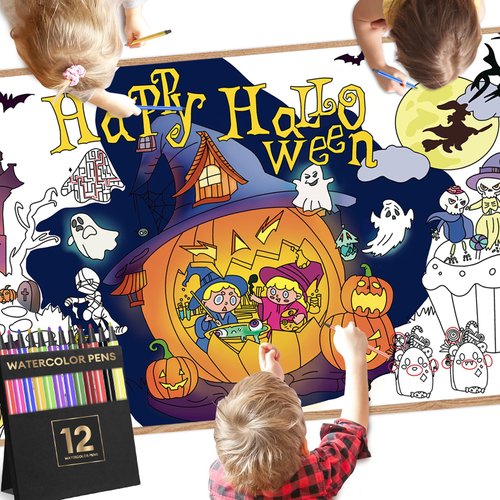 Faisly Halloween Coloring Tablecloth for Kids(Include Markers) 35x72 in Giant Halloween Coloring Poster,Kids Halloween Party Decorations for Classroom,Halloween Crafts for Kids