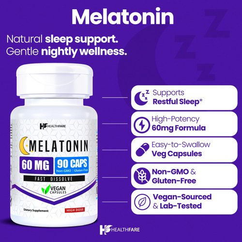 HealthFare Melatonin 60mg | Pack of 2 | 90 Veg Capsules Each | High-Strength Formula | Vegetarian, Non-GMO, Gluten-Free | Made in The USA