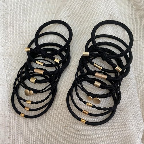 Jseng Black Hair Ties for Women, Bracelet Hair Ties for Thick or Thin Hair, 8 Styles Metal Beads Hair Ties, No Damage 16PCS Black