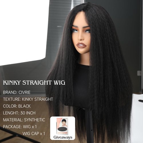 Civrie 30 inch long Kinky Straight Wig Wear and Go Glueless Wigs Pre Plucked Pre Cut Yaki Synthetic Wigs for Black Women Soft Natural Black