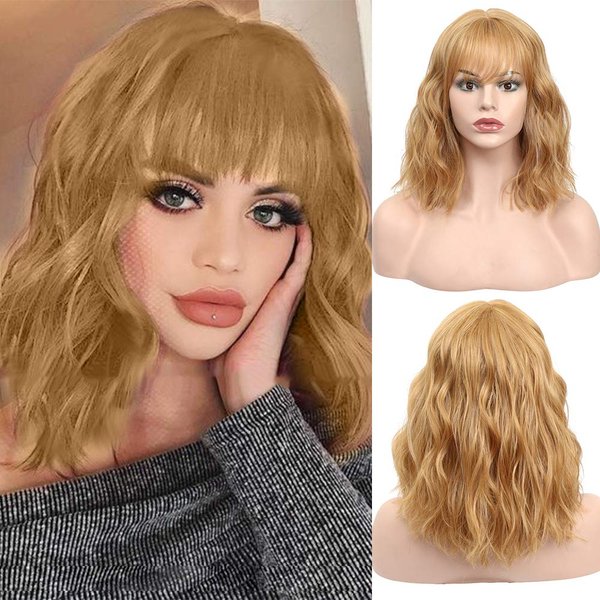 SOKU Strawberry Blonde Wigs with Bangs Synthetic 14" Medium Length Bob Curly Pastel Wigs for Women Short Bob Wavy Hair Wigs Blonde Braided Wigs for Girls Cosplay Christmas Gift