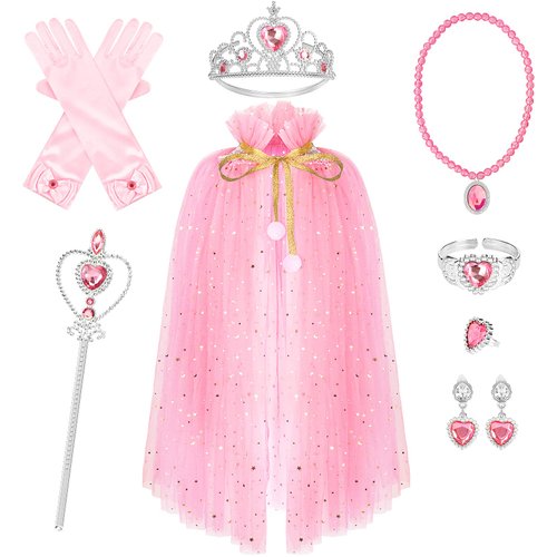 10 Pieces Princess Cape Set Dress up Clothes for Little Girls Party Cosplay Cloak with Jewelry Tiara Crown Wand Gloves