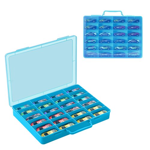 RHCOM Toy Storage Organizer Case for Hot Wheels Car, for Matchbox Cars, for Mini Toys, for Small Dolls. Carrying Box Container Carrier with 24 Compartments (Box Only) (Blue)