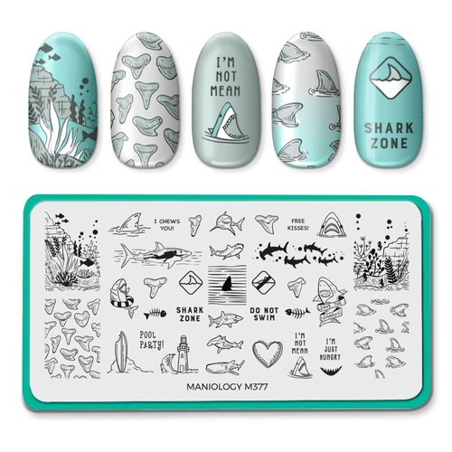 Maniology Kiss a Shark Nail Stamping Plate, Sharky Nail Art Designs, Sharks and Sea Creatures Manicures