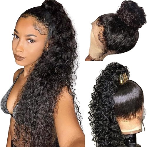360 Lace Front Wigs Human Hair Pre Plucked,200 Density Curly Water Wave Lace Front Wigs Human Hair for Black Women,HD Transparent Lace Front Wigs Human Hair,Can Make High Ponytail and Bun 16 Inch