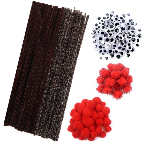 TOAOB 500pcs Pipe Cleaners Crafts Supplies Set Includes 100pcs Chenille Stems 250pcs Red Pom Poms 150pcs Assorted Size Wiggle Googly Eyes for Craft DIY Art Supplies