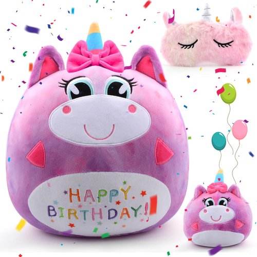 Birthday Plush Unicorn Pillow, Happy Birthday Gifts for Girls Toddlers Kids, Soft Plush Toy Cute Unicorn Stuffed Animal, Plushies Doll Home Room Decoration, Unicorn Sleep Mask
