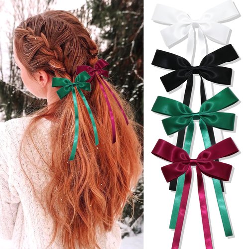 SAWINDA Silk Satin Hair Accessories for Women - 4PCS Ribbon Clips with Long Tassels, Metal Barret...