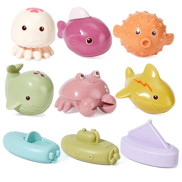 Mold Free Baby Bath Toys for Babies 6-12 Months 9 Pack No Hole sea Animal and Floating Boats Bathtub Pool Shower Toys Christmas Birthday Gift for Toddlers Infants Girls Boys