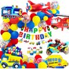 MOVINPE Transportation Birthday Decoration for Boys Happy Birthday Banner Cars School Bus Train Fire Truck Motorcycle Plane Foil Balloons Transport Vehicles Cake Topper Kids 2nd Birthday Decor