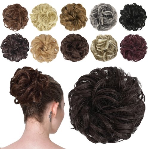 FESHFEN Messy Bun Hair Piece Hair Bun Scrunchies Synthetic Medium Brown Wavy Curly Chignon Ponyta...