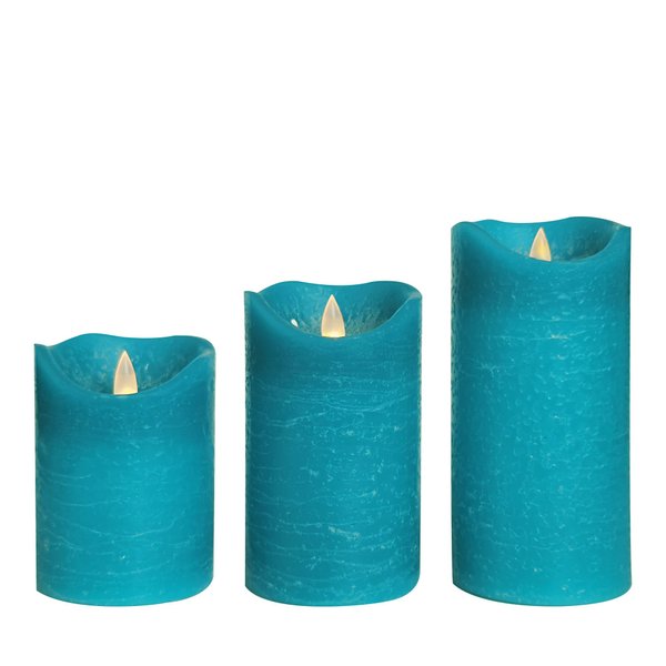 CANDLE CHOICE Battery Operated Flameless Candles with Timer Real Wax Realistic Flickering Electric LED Pillars Automatic Built-in Daily Cycle Timer 6-hour on 18-hour off Set of 3 Rustic Texture Teal