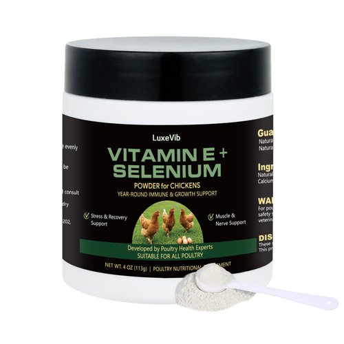LuxeVib Selenium & Vitamin E Powder for Chickens, Selenium for Chickens, Immune System, Muscle Support & Prevents, Improve Wry Neck, Selenium, Vitamin E Supplements, Suitable for All Poultry