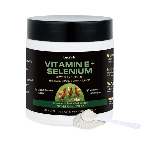 LuxeVib Selenium & Vitamin E Powder for Chickens, Selenium for Chickens, Immune System, Muscle Support & Prevents, Improve Wry Neck, Selenium, Vitamin E Supplements, Suitable for All Poultry
