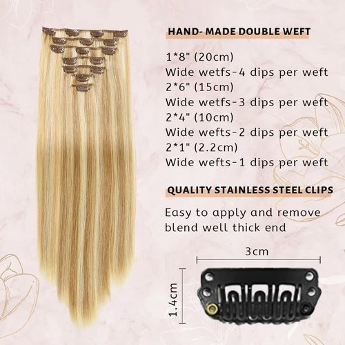 Hair Extensions Clip in Human Hair For Women 7pcs Per Set with 16Clips 70g Light Brown/Blonde 100% Remy Virgin Human Hair Clip In Extension Double Weft Clips Straight Soft Hair No Tangles 16inch