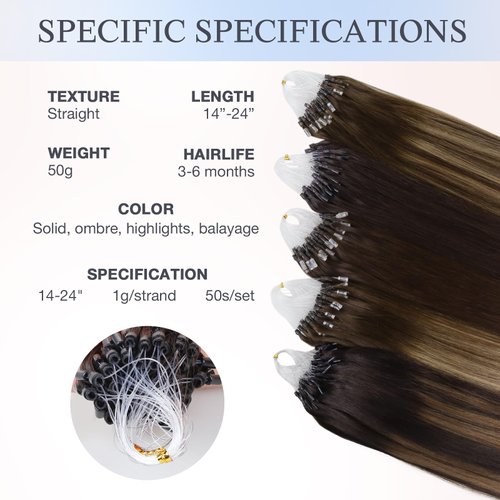 DOORES Micro Bead Hair Extensions Real Human Hair, Dark Brown 14 Inch 50g/50s, Micro Hair Extensions Human Hair, Remy Hair Extensions