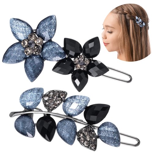 CustomyLife 2Pcs 2inch Rhinestone Hair Clips Gray Black Crystal Flower Wedding Barrettes Vintage Small Bridal Decorative Jewelry Hair Accessories for Women Prom Engagement Halloween Christmas