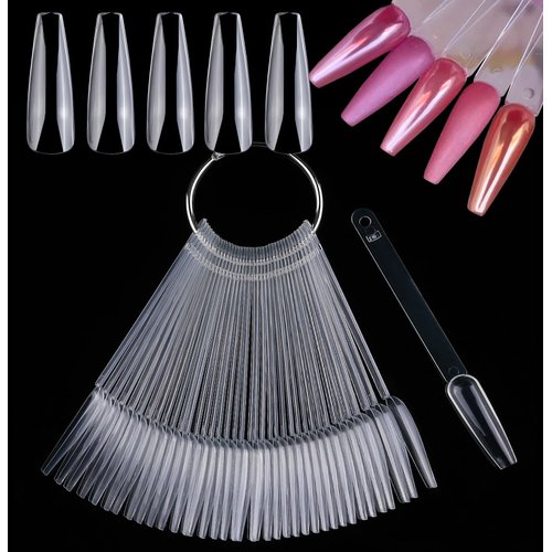 LoveOurHome 150pc Long Coffin Nail Swatch Sticks Vanish Gel Polish Color Design Display Stick Tips Ballerina Fan Cards Nails Art Practice Stample Tools with Rings