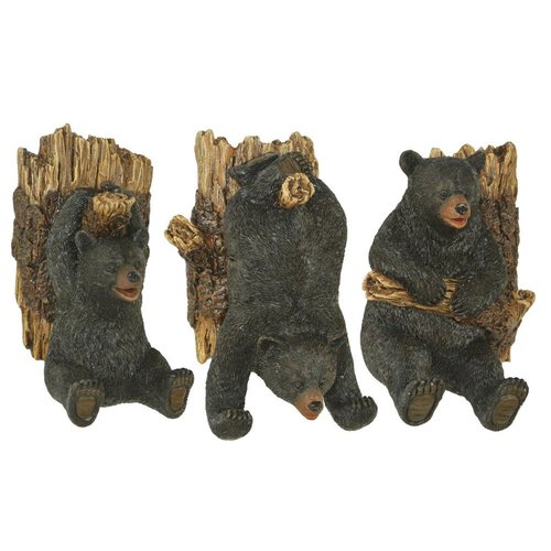Marco Set of Three Resin Black Bear and Tree Trunk Wall Hooks -Lodge Decor