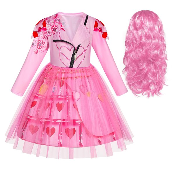 Sukyfecde Descendants Queen of Hearts Bridget Costume with Pink Wig Kids Halloween Princess Costumes Role Play Clothes Outfit Size 3t-4t