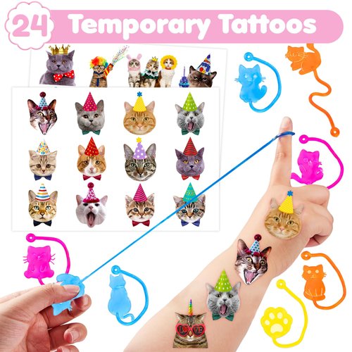 36PCS Cat Party Favors - 24PCS Temporary Tattoos 12PCS Sticky Hands Perfect Birthday Supplies for Kids Stretchy Fidget Goodie Bag Stuffers Treasure Box Toys Classroom Prizes Student Gifts