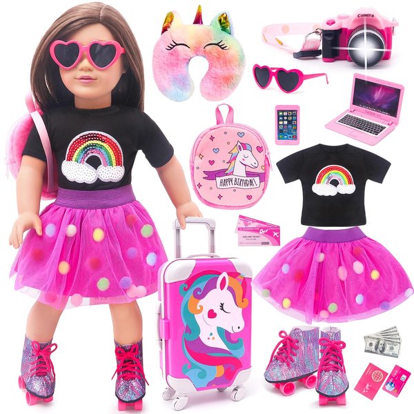 HAPGFS American 18 Inch Doll Accessories Doll Travel Set Including Suitcase Luggage and Dress, Camera Computer Phone Neck Pillow Sunglasses Dolls Travel Gear Play Set Gift for Birthday (NO Doll)