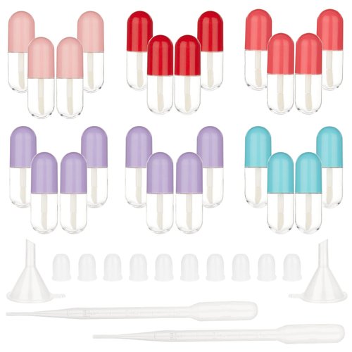 GORGECRAFT 24PCS 3ml Creative Mini Capsule Shaped Empty Lip Gloss Tube Bulk Refillable Bottles with 2 Funnels 2 Transfer Pipettes for DIY Lip Gloss Containers Cosmetics