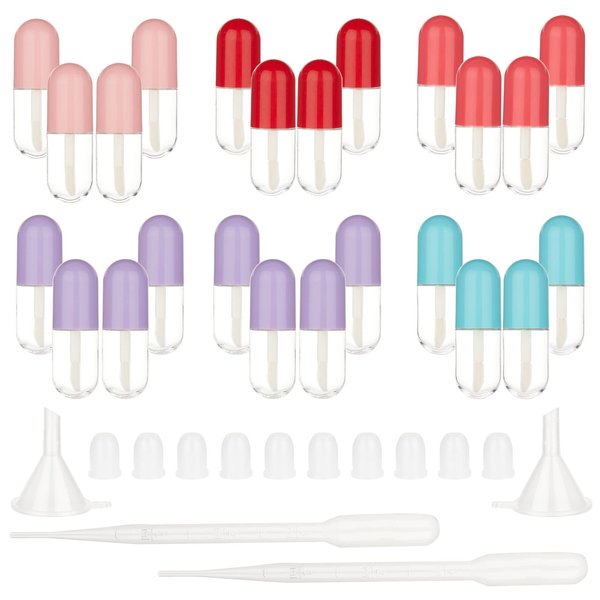 GORGECRAFT 24PCS 3ml Creative Mini Capsule Shaped Empty Lip Gloss Tube Bulk Refillable Bottles with 2 Funnels 2 Transfer Pipettes for DIY Lip Gloss Containers Cosmetics