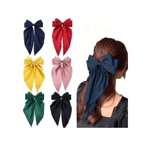 SHENHE 6 Pcs Hair Bows for Women Satin Ribbon Big Bow Hair Clips Long Tail Hair Barrettes Cute Hair Accessories Multicolor A