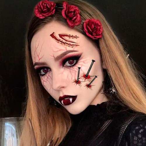 Halloween Terror Scar Temporary Tattoo Stickers Simulation Fake Bloody Wound Scab Horror Body Face Zombie Prank Makeup Waterproof Decals for Women Carnival Cosplay Party Decor 10 Sheets