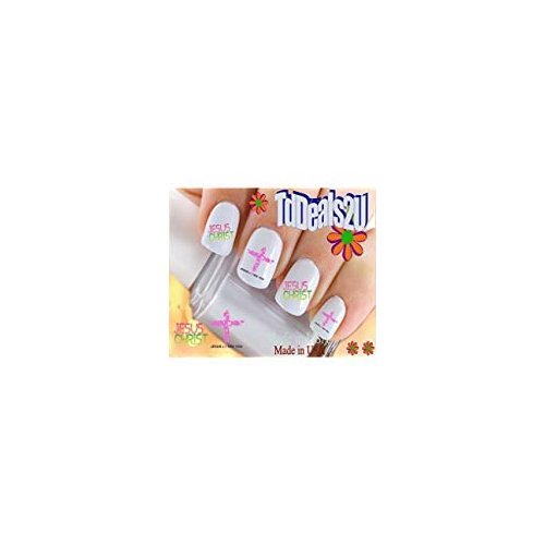 General Nail Decals - Jesus Christ Pink Cross WaterSlide Nail Art Decals - Salon Quality - DIY Nail Manicure