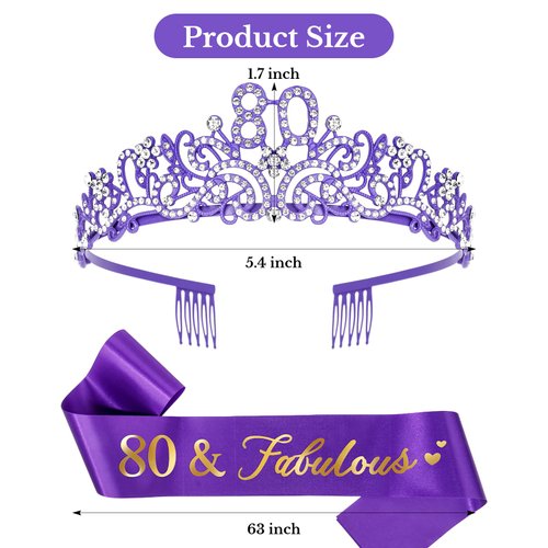 Ondder 80th Birthday Sash Purple Birthday Tiara and Sash for Women 80th Birthday Sash and Crown for Women 80 & Fabulous Birthday Sash Birthday Party Decorations Gifts for Her Party Favors Supplies