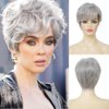 Salaibs Grey Short Curly Wigs for Women with Bang Natural Looking Gray Synthetic Hair Wig for Daily Party Use