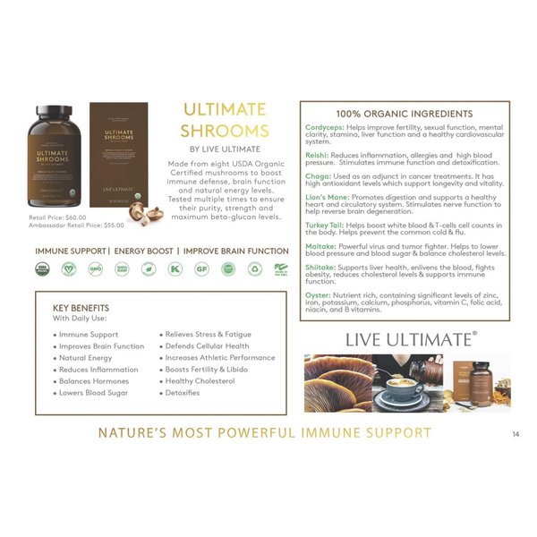 Live Ultimate Shrooms USDA Certified Whole Food Mushroom Extract Powder - 8 Organic Mushrooms Including Chaga, Cordyceps, and Reishi Mushroom Extract - Natural Energy, Immune Support and Detox
