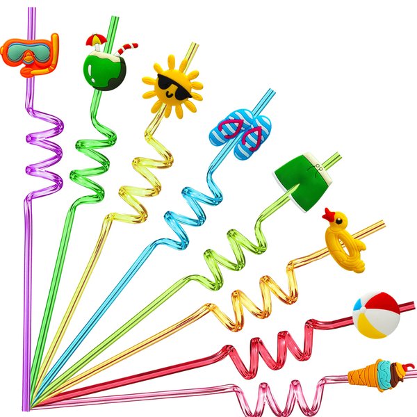 TMGIDRI 24 Summer Pool Drinking Straws for Kids, Pool Party Decorations Supplies, Pool Party Favors for Kids Birthday, Crazy Silly Straws for Beach Theme Party Decorations with 2 Pcs Cleaning Brushes