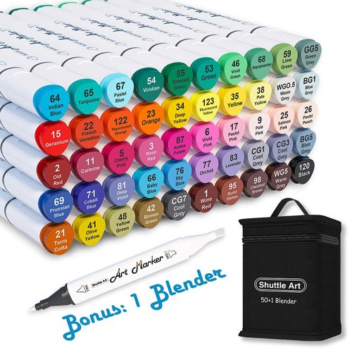 Shuttle Art 51 Colors Dual Tip Alcohol Based Art Markers, 50 Colors plus 1 Blender Permanent Marker Pens Highlighters with Case Perfect for Illustration Adult Coloring Sketching and Card Making…