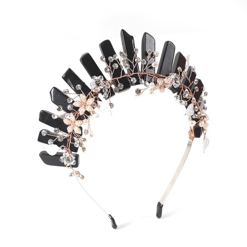 Bubbmi Black Raw Crystal Headband with Pearl Flowers, Quart Rhinestone Tiara Crown Headpiece for Women Girls (BLACK)