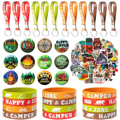 ANGOLIO 84Pcs Spring Camping Party Favors Kit Happy Camper Party Gifts Silicone Bracelets Stickers Keychains Badges for Kids Friends Summer School Camping Adventure Birthday Party