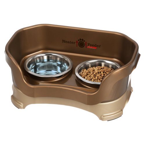 Neater Feeder - Deluxe Model - Mess-Proof Dog Bowls (Small, Bronze) - Made in USA - Elevated, No Spill, Non-Tip, Non-Slip, Raised Stainless Steel Food & Water Pet Bowls