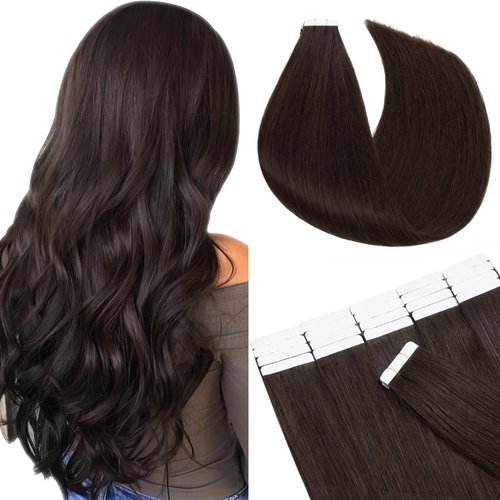 SEGO Tape in Hair Extensions Human Hair 20 Inch Dark Brown 20pcs 50g Straight Natural 100% Remy Rooted Seamless Skin Weft Invisible Double Sided Tape Hair for Women