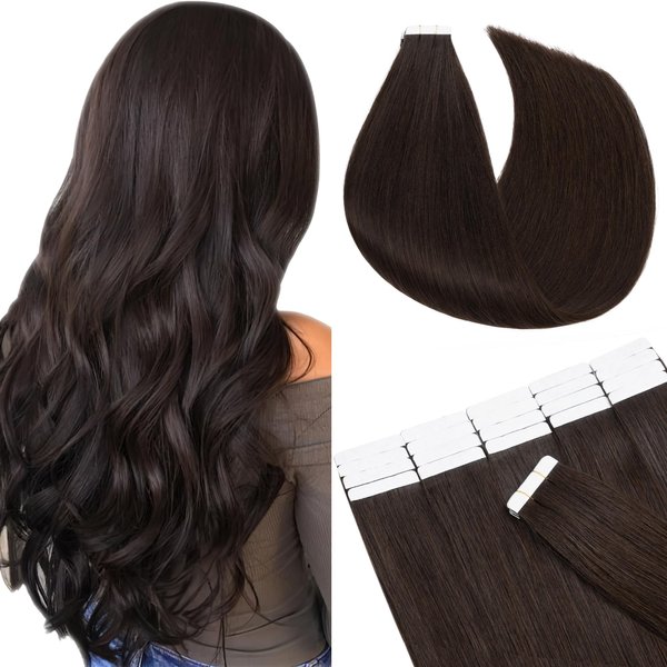 SEGO Tape in Hair Extensions Human Hair 20 Inch Dark Brown 20pcs 50g Straight Natural 100% Remy Rooted Seamless Skin Weft Invisible Double Sided Tape Hair for Women