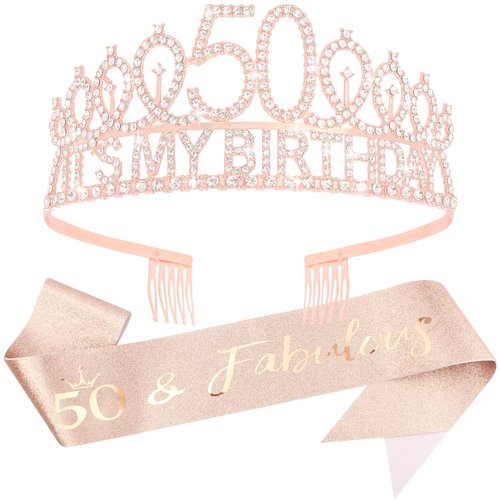 Vovii 50th Birthday Gifts for Women 50th Birthday Sash and Tiara Women Happy 50th Birthday Decorations for Women 50 and Fabulous Sash and Rhinestones Rose Gold Tiara for Women