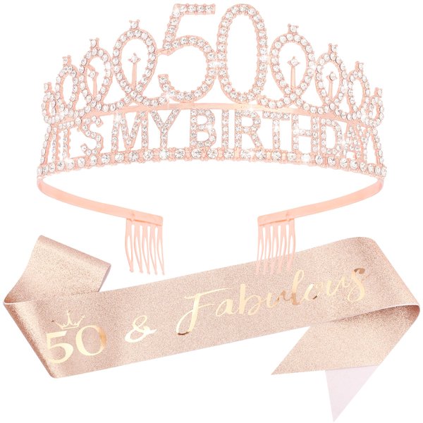 Vovii 50th Birthday Gifts for Women 50th Birthday Sash and Tiara Women Happy 50th Birthday Decorations for Women 50 and Fabulous Sash and Rhinestones Rose Gold Tiara for Women