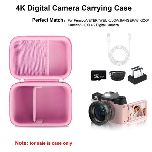 Elonbo 4K Digital Camera Carrying Case for Femivo/VETEK/IWEUKJLO/VJIANGER/WIKICO/Saneen/OIEXI 4K 48MP Vlogging Camera, Travel Compact Camera Storage Cover Bag Organizer Holder, Pink